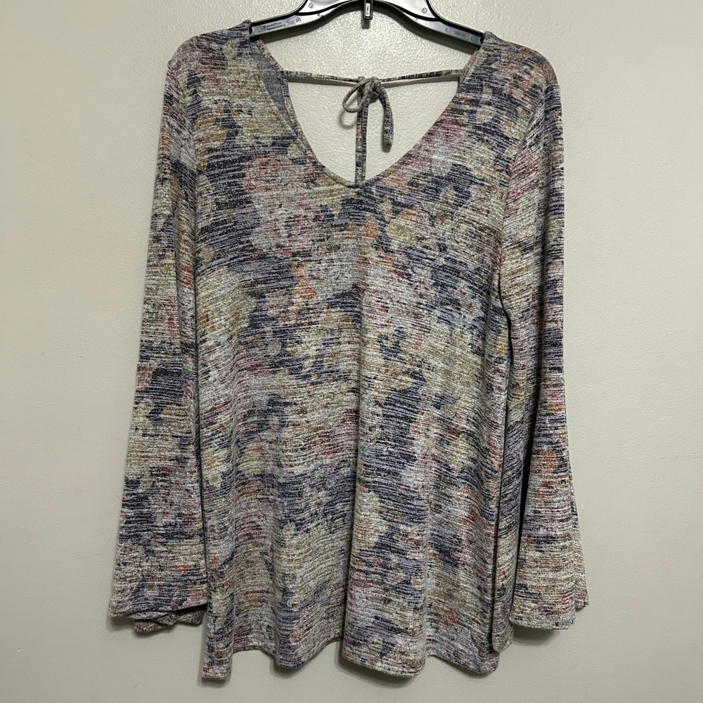 Cupio Blush Blouse L Multicolor Bell Sleeve Top Floral Tie-Back Cottagecore Boho